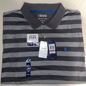 NWT Izod Men’s Advantage Performance Striped Polo, XXL, Black & Grey/Smoke Pearl